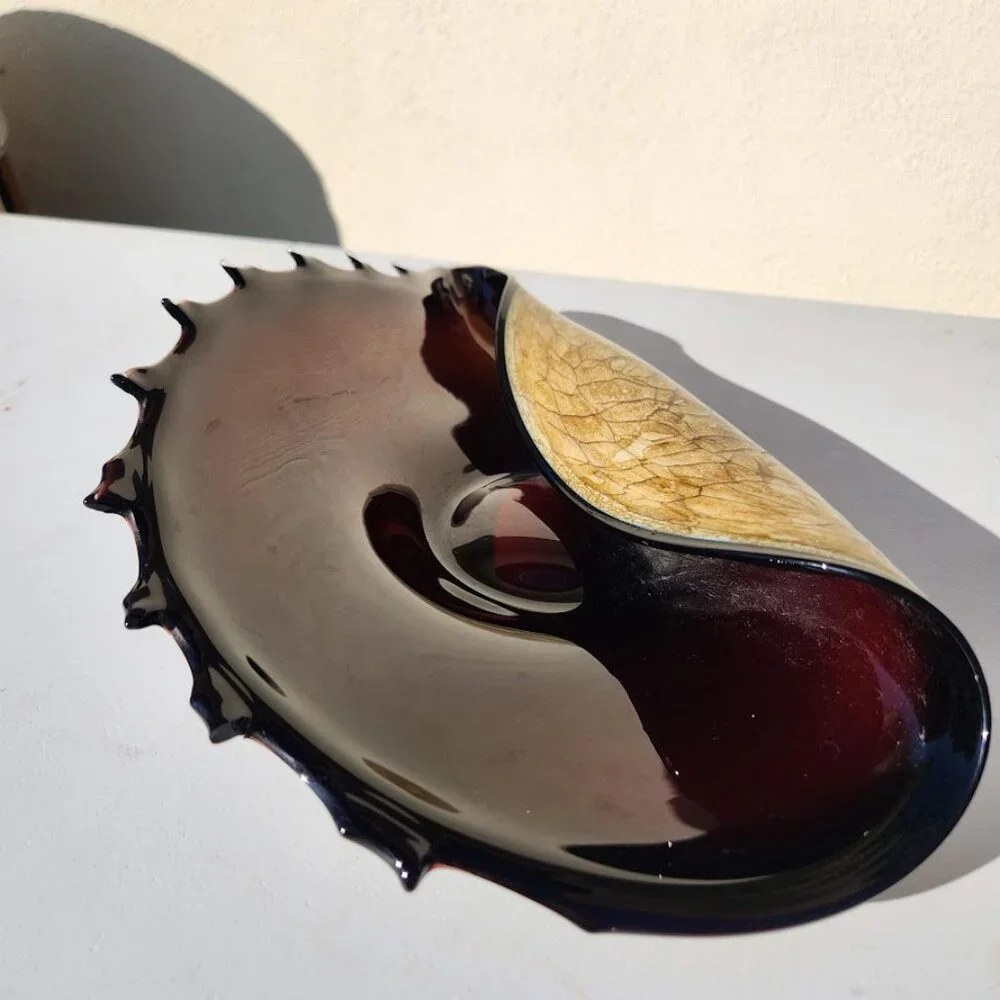 Hand Blown Murano Style Art Glass Folded Bowl Conch Shell Handmade Poland Approx